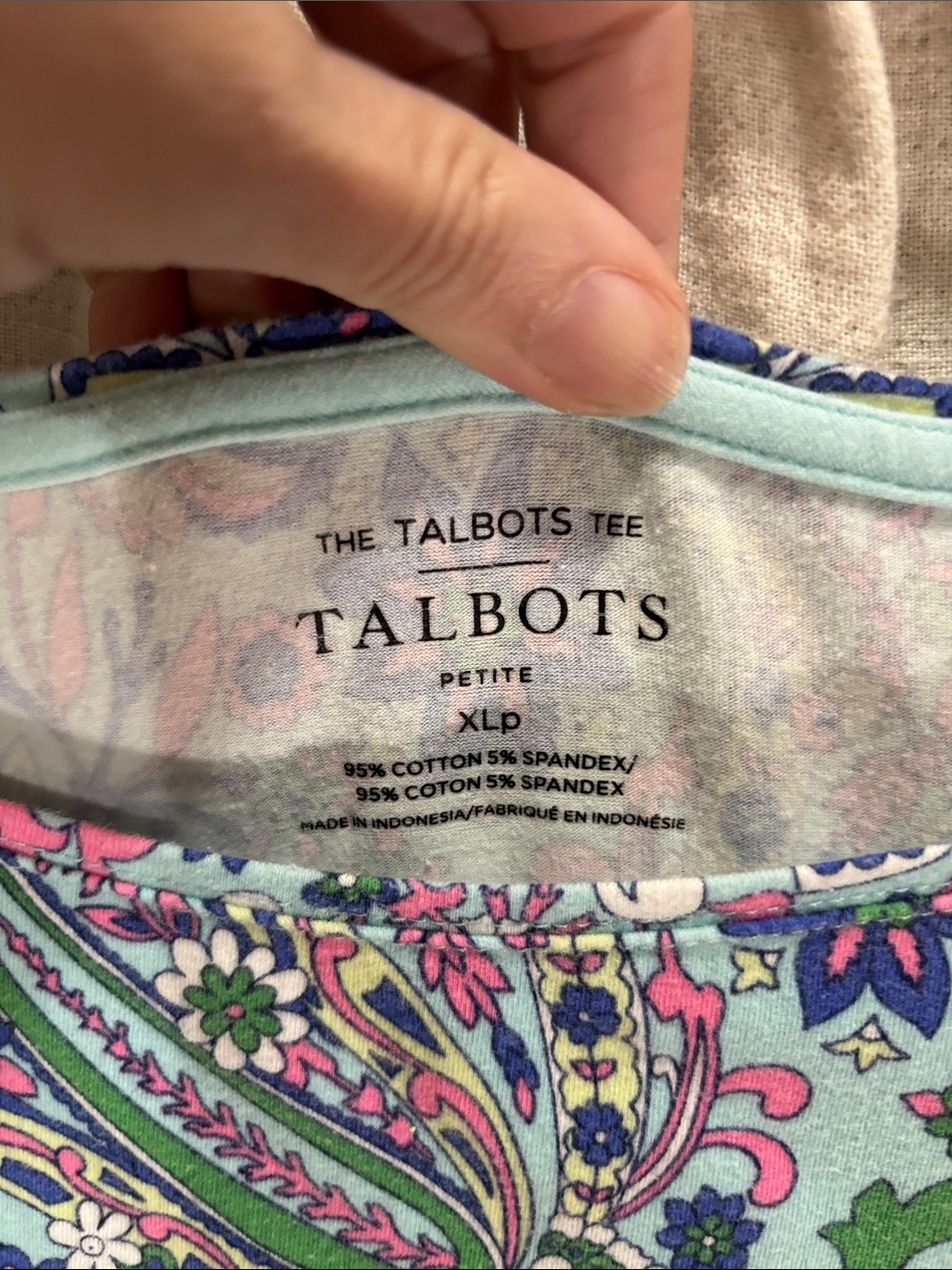Talbots Pima Cotton Bateau Neck Sprouting Paisley Tee Blue Floral XLP - Picture 2 of 8